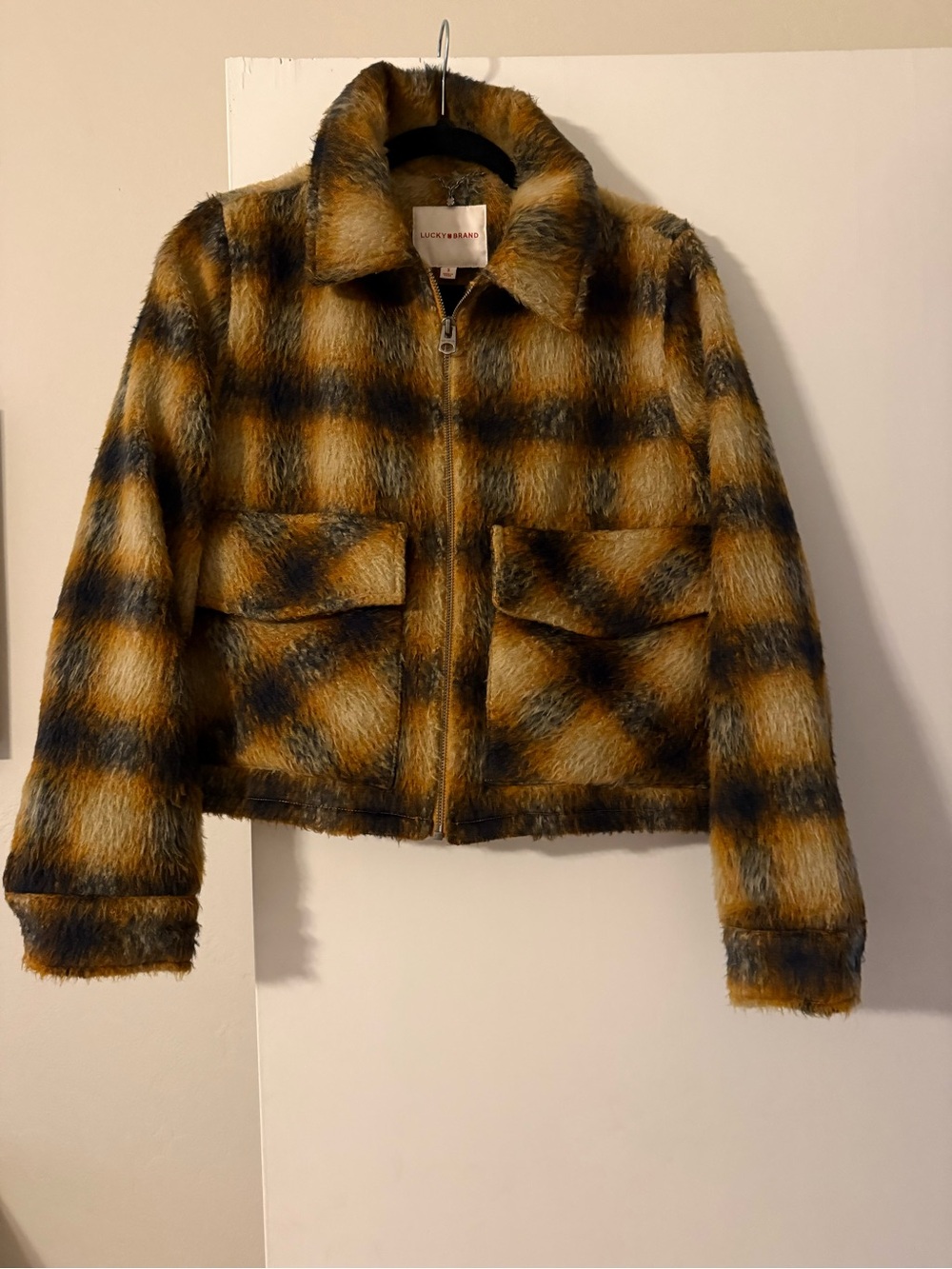 Lucky Brand Fuzzy Plaid Jacket in Mustard and Black